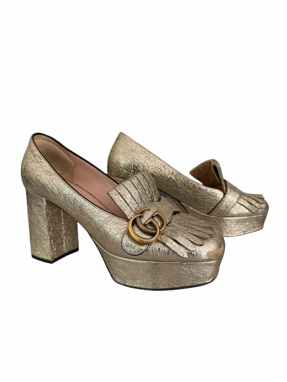 Gucci Gold Leather Galassia Platino Marmont  GG Platform Block Heels Size 37.5